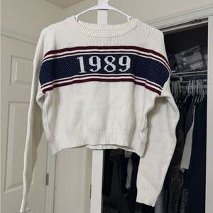 Pink Rose White Cropped Knit Sweater with Navy & Burgundy Stripes